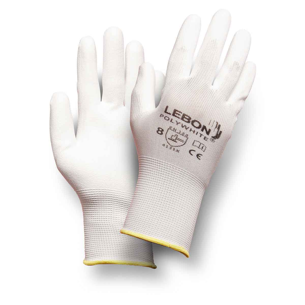 Lebon Protection Polywhite White Polyurethane Work Gloves, Polyurethane Coating