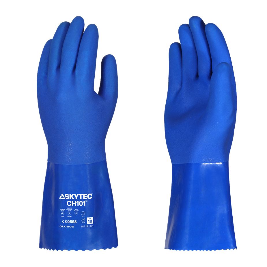 Skytec CH101 Blue Cotton Cotton Chemical Resistant Gloves, Size M, Polyvinyl Chloride Coating