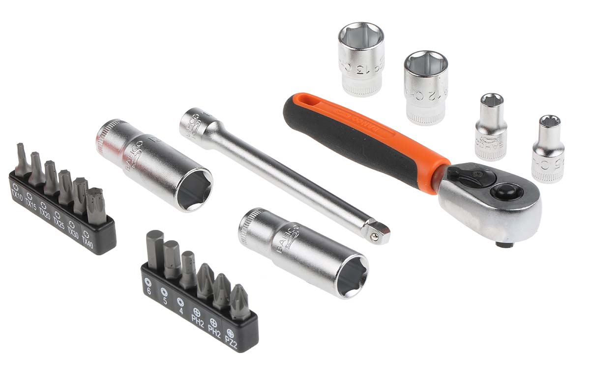 Bahco 37-Piece Metric 1/4 in Deep Socket/Standard Socket/Bit Set with Ratchet, 6 point; Hex Bit; Phillips Bit; Pozidriv