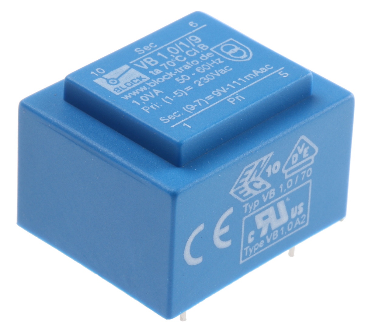 Block 9V ac 1 Output Through Hole PCB Transformer, 1VA