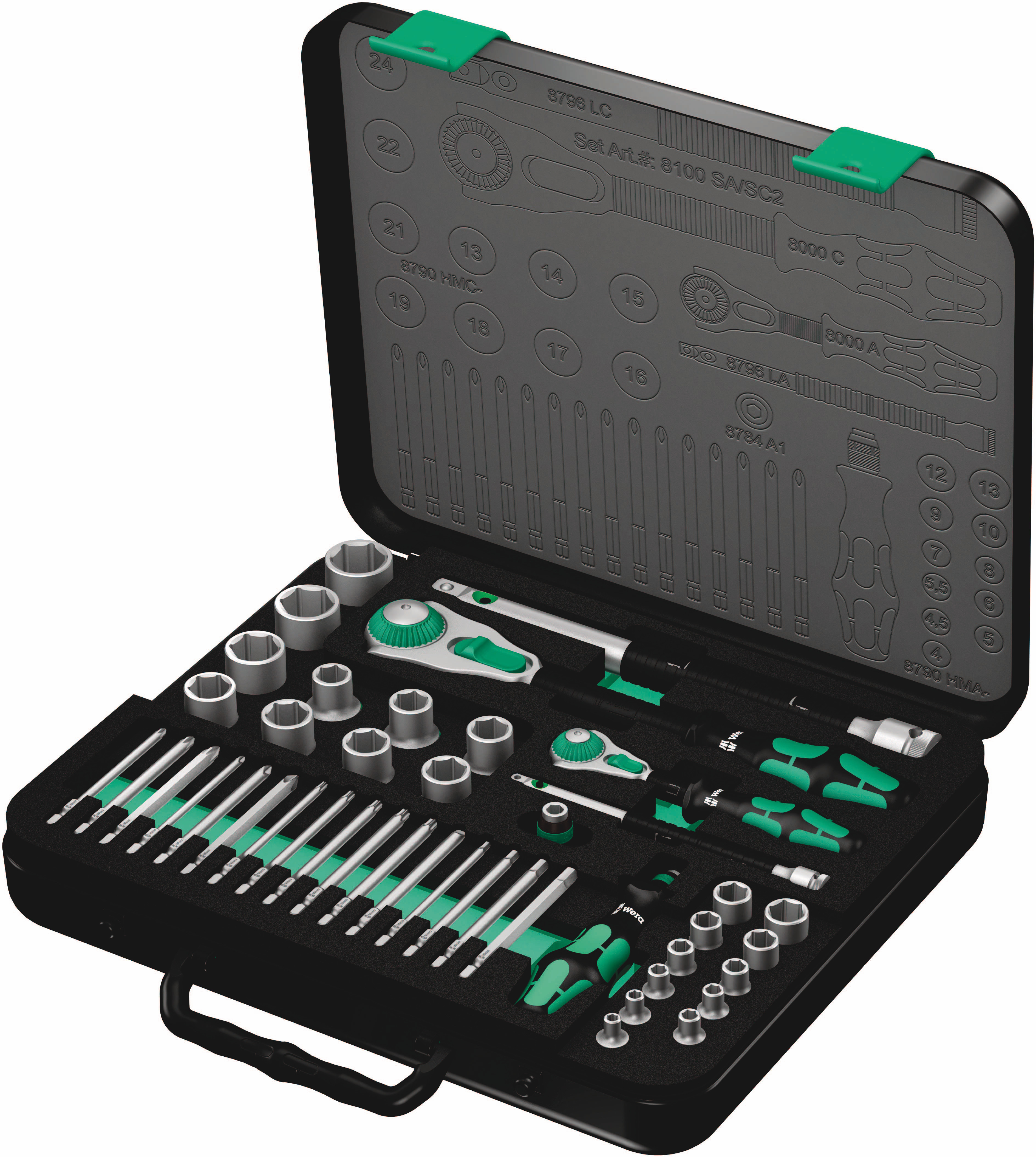 Wera 43-Piece Metric 1/2 in; 1/4 in Standard Socket/Bit Set with Ratchet, 6 point; Hex Bit; Phillips Bit; Pozidriv Bit;