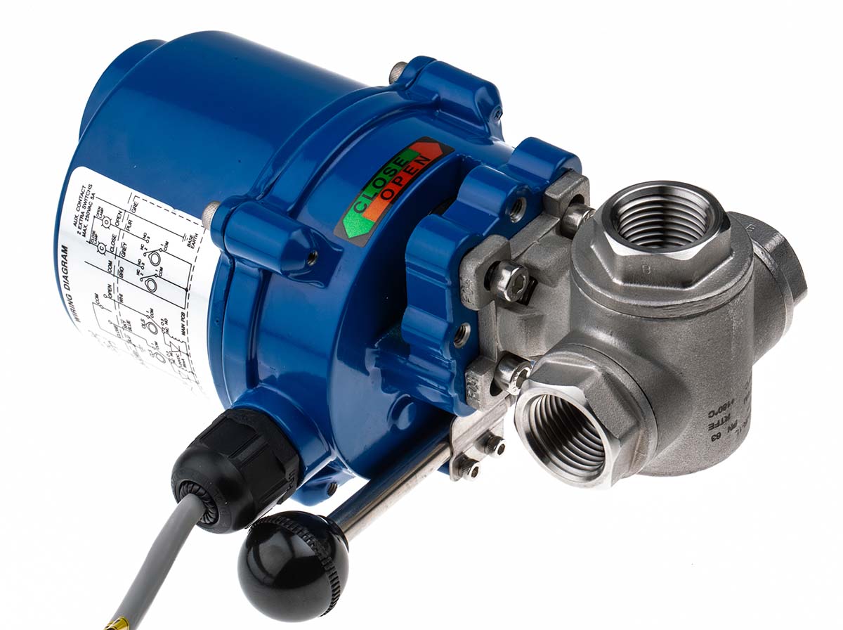 RS PRO 24 V, 110 V, 220 V 3 port Motorised Valve, Ball Valve type , 1/2in Pipe Size, 1000 psi