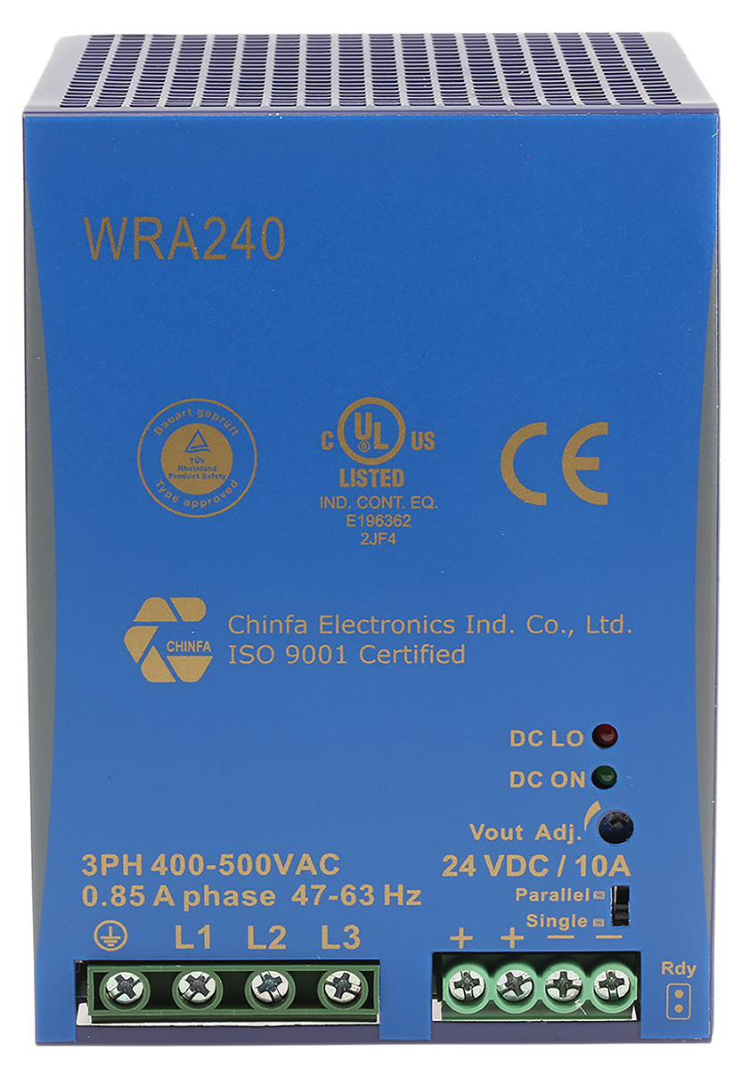 Chinfa WRA 240 Switched Mode DIN Rail Power Supply, 400V ac ac Input, 24V dc dc Output, 10A Output, 240W