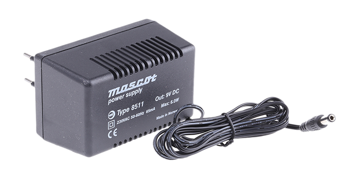 Mascot 6W Plug-In AC/DC Adapter 9V dc Output, 666mA Output