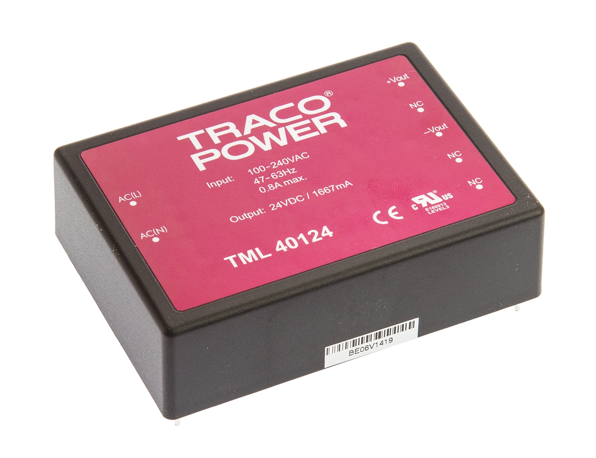 TRACOPOWER Switching Power Supply, TML 40124, 24V dc, 1.67A, 40W, 1 Output, 100 → 375 V dc, 90 → 264 V ac