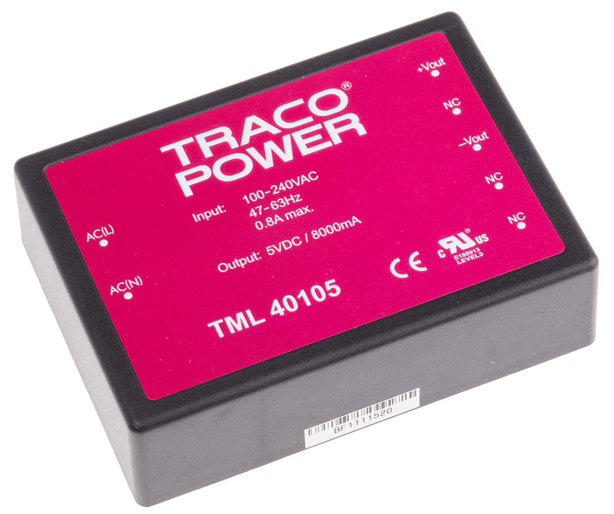 TRACOPOWER Switching Power Supply, TML 40105, 5V dc, 8A, 40W, 1 Output, 100 → 375 V dc, 90 → 264 V ac