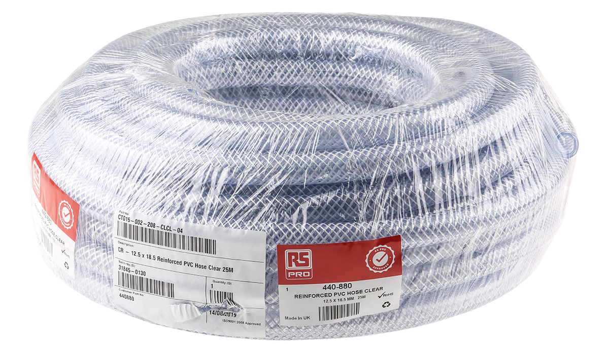 RS PRO PVC, Hose Pipe, 12.5mm ID, 18.5mm OD, Clear, 25m