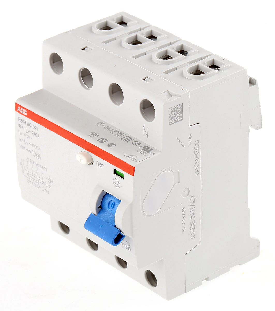 ABB F200 RCCB, 63A, 4 Pole, 30mA, Type AC