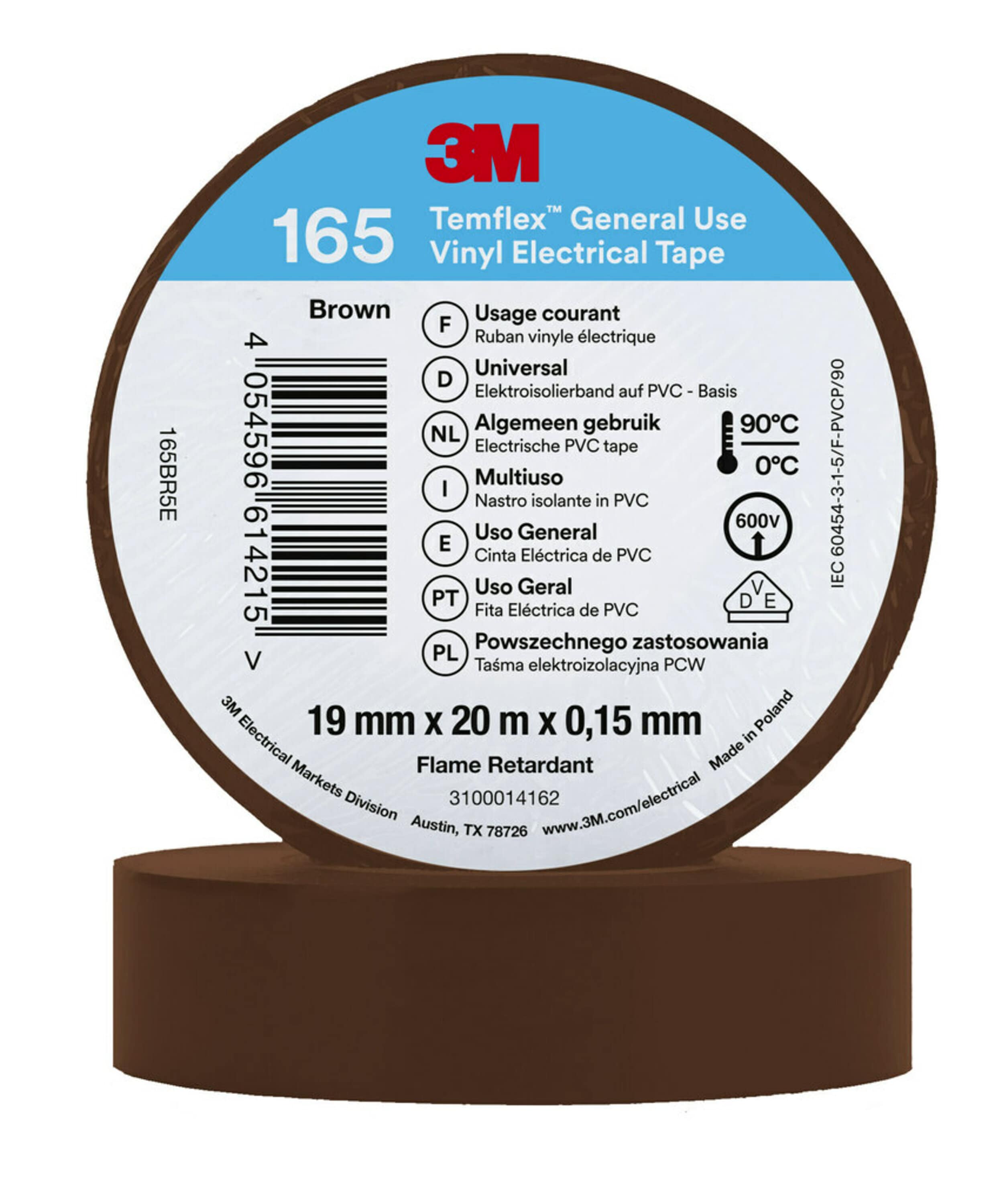 3M Temflex 165 Brown Vinyl Electrical Tape, 19mm x 20m