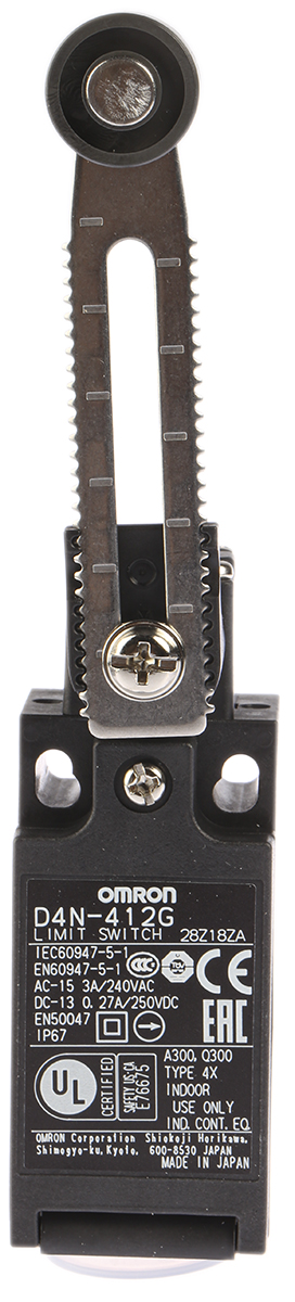 Omron D4N Series Adjustable Roller Lever Limit Switch, 1NC/1NO, DPST, Plastic Housing