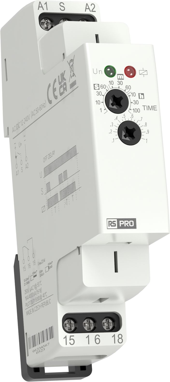 RS PRO DIN Rail Mount Timer Relay, 12 → 240V ac/dc, 1-Contact, 0.1 s → 100h, 1-Function, SPDT