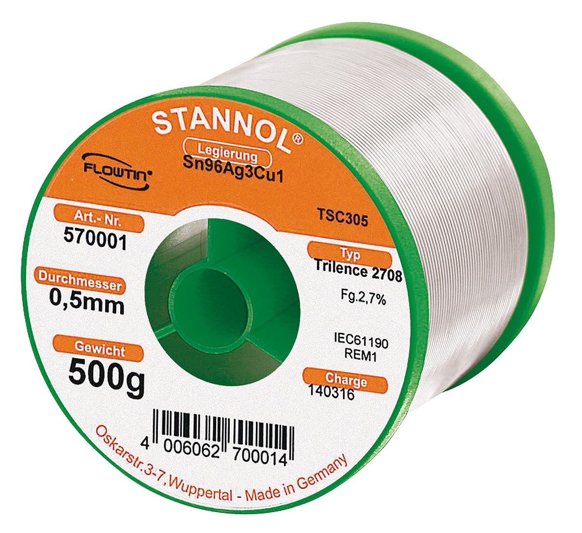 Stannol Wire, 0.5mm Lead Free Solder, 217°C Melting Point