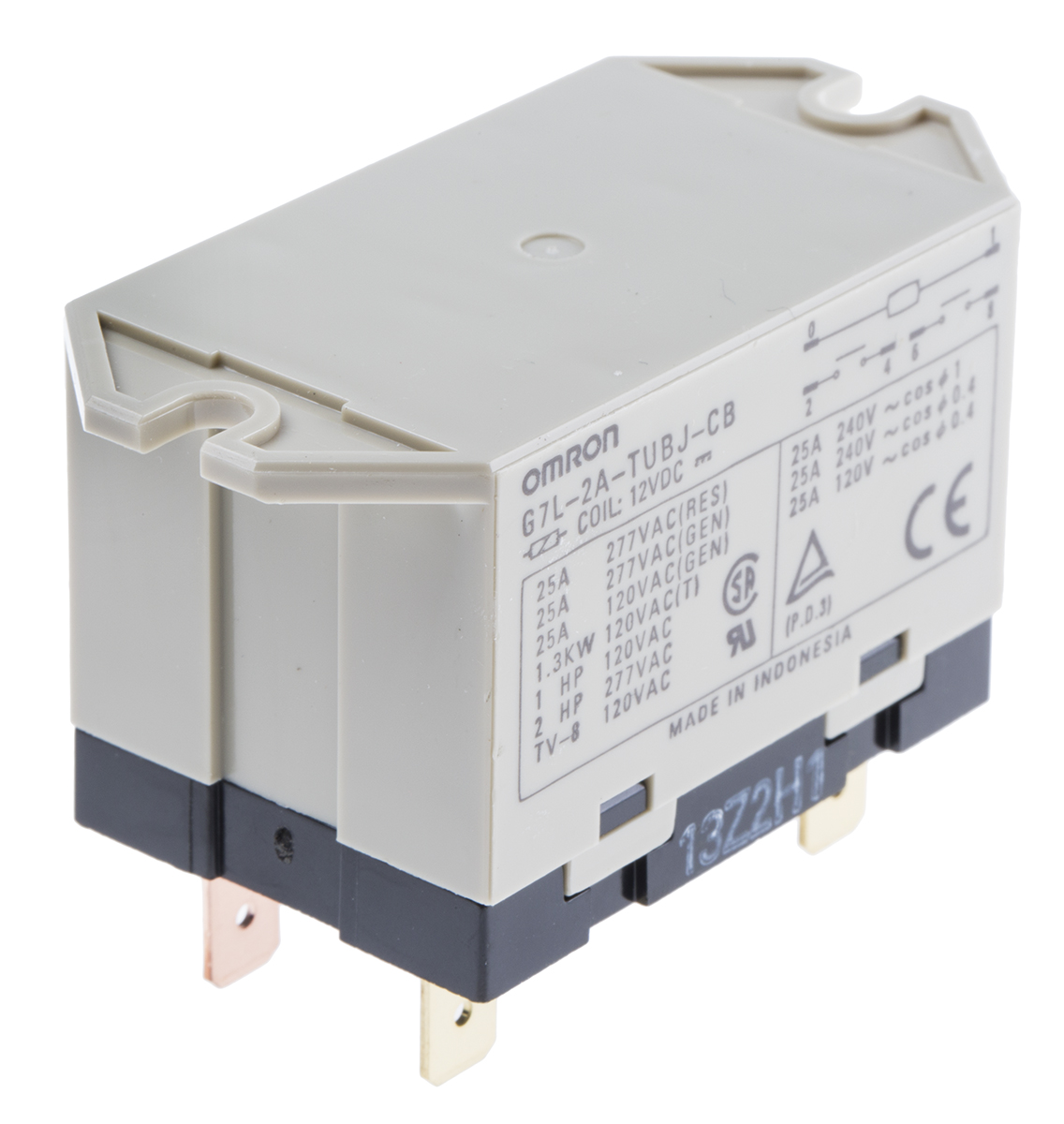 Omron Flange Mount Power Relay, 12V dc Coil, 25A Switching Current, DPST