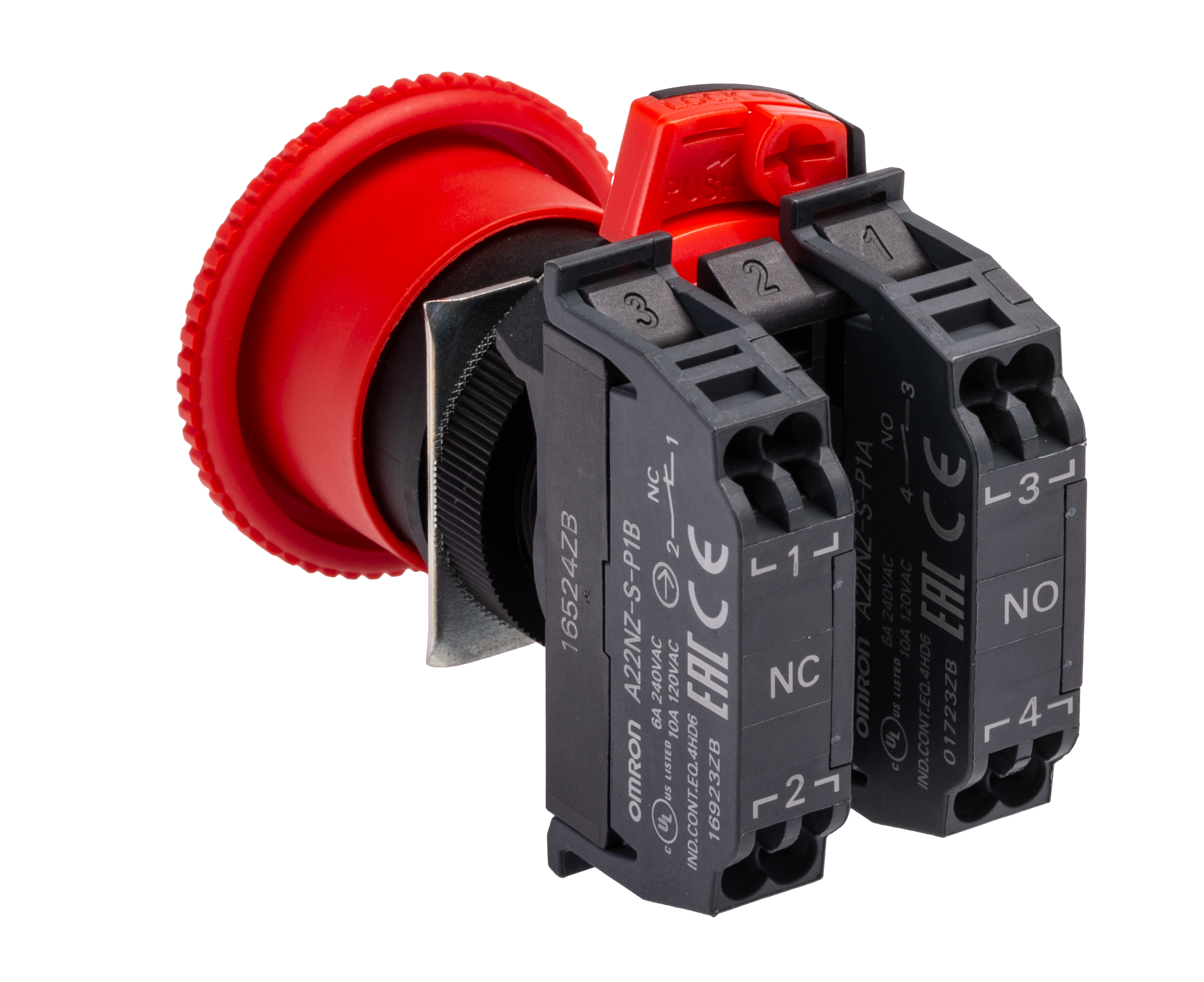 Omron A22NE Series Twist Release Emergency Stop Push Button, Panel Mount, 22mm Cutout, 1 NO + 1 NC, IP65