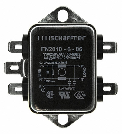Schaffner, FN2010 6A 250 V ac/dc 0 → 400Hz, Chassis Mount EMI Filter, Fast-On, Single Phase