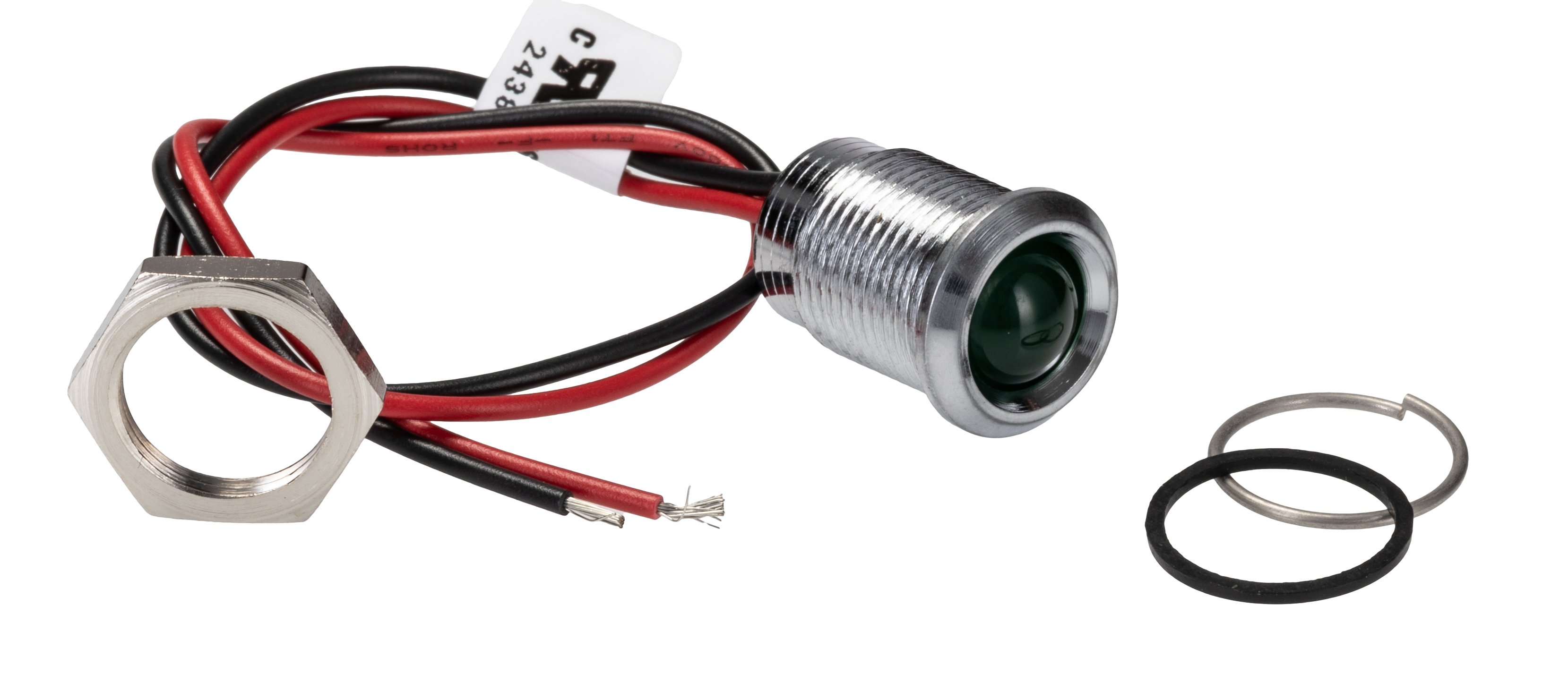 RS PRO Green Panel Mount Indicator, 220V ac, 14mm Mounting Hole Size, Lead Wires Termination, IP67