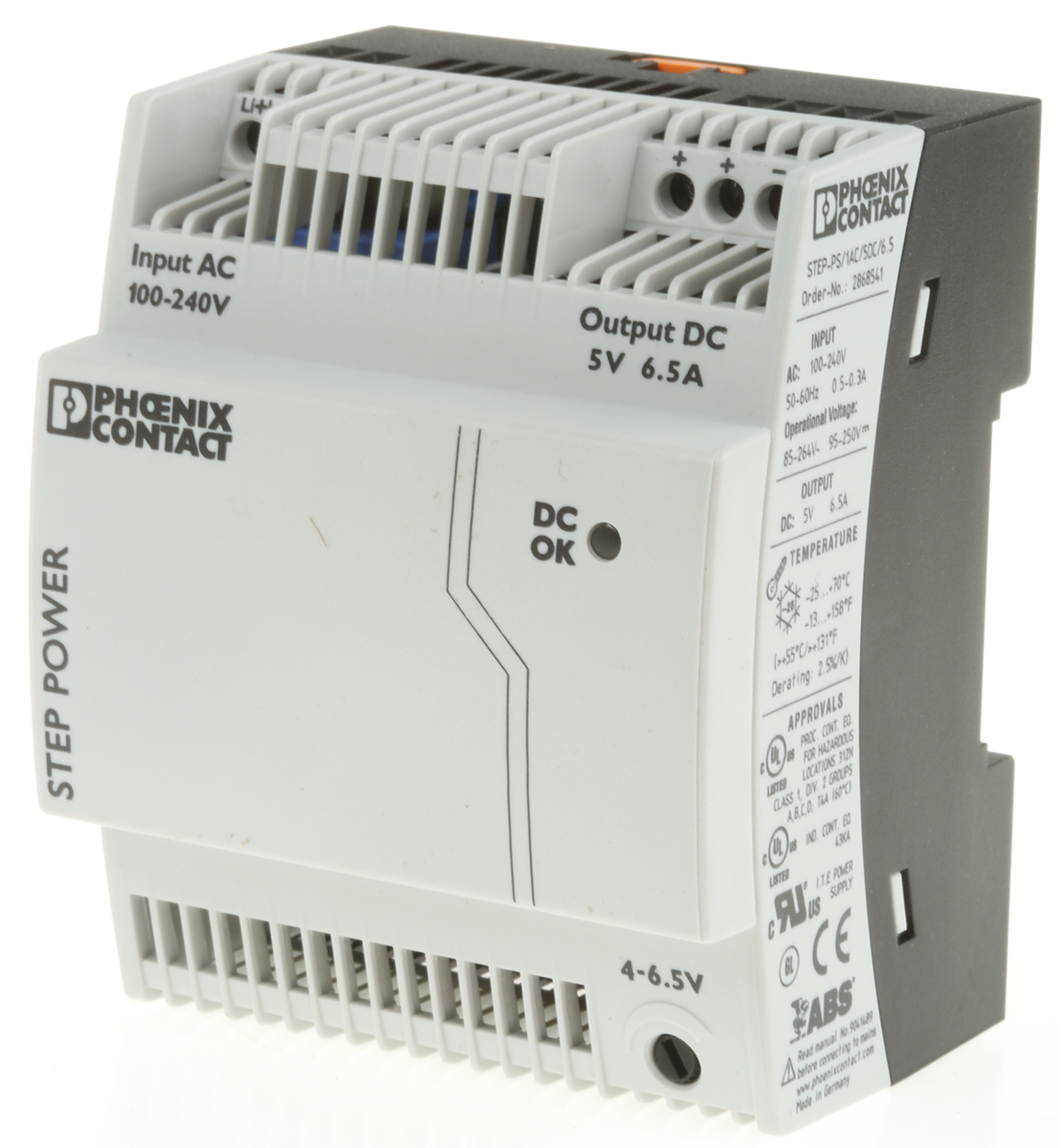 Phoenix Contact STEP POWER Switched Mode DIN Rail Power Supply, 85 → 264V ac ac Input, 5V dc dc Output, 6.5A
