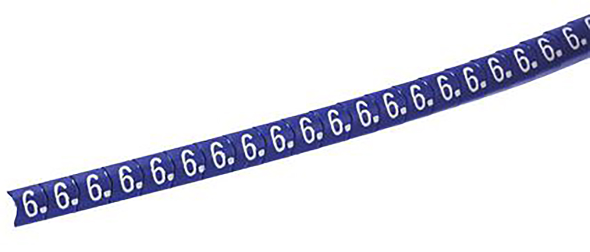 HellermannTyton Helagrip Slide On Cable Markers, White on Blue, Pre-printed "6", 4 → 9mm Cable, 901-10311