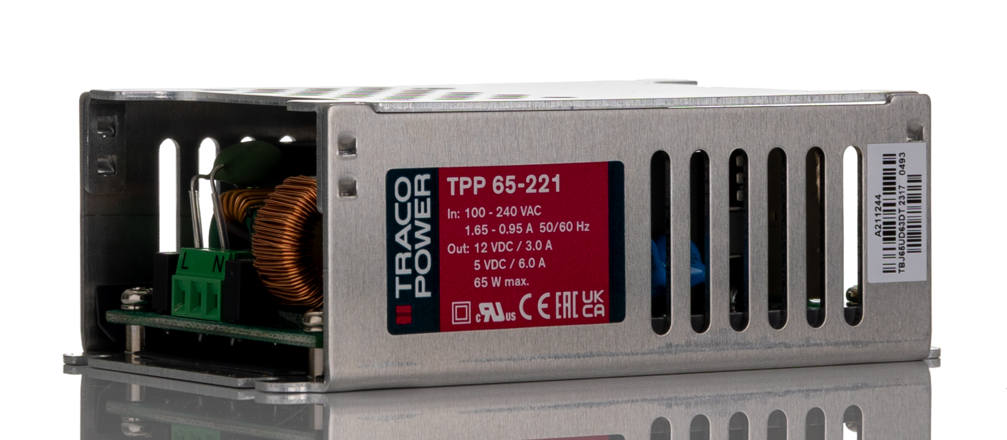TRACOPOWER Switching Power Supply, TPP 65-221, 5 V dc, 12 V dc, 5.42 A, 8 A, 65W, Dual Output, 85 → 264 V ac,