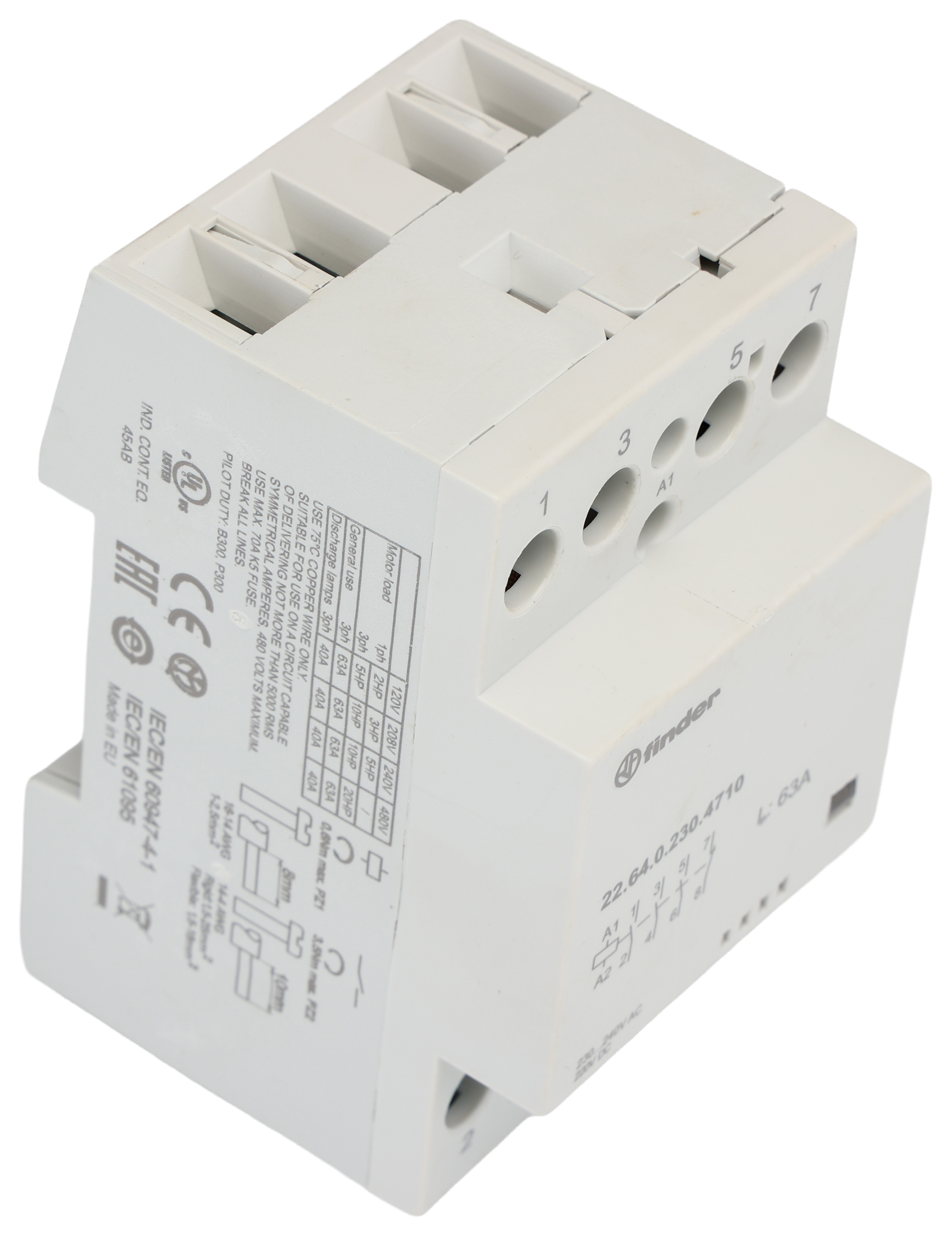 Finder 22 Contactor, 240 V ac Coil, 4-Pole, 63 A, 6 VA, 3 NO/1 NC, 480V ac, 400 V ac