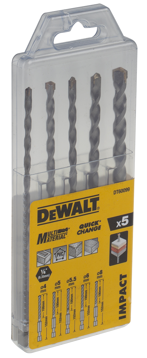 DeWALT 5-Piece Twist Drill Bit Set for Masonry, Multi-Material, 8mm Max, 4mm Min, Carbide Bits