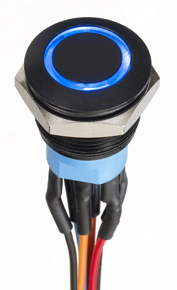 APEM Illuminated Push Button Switch, Momentary, Panel Mount, 19.2mm Cutout, DPDT, Blue LED, 30V dc, IP67