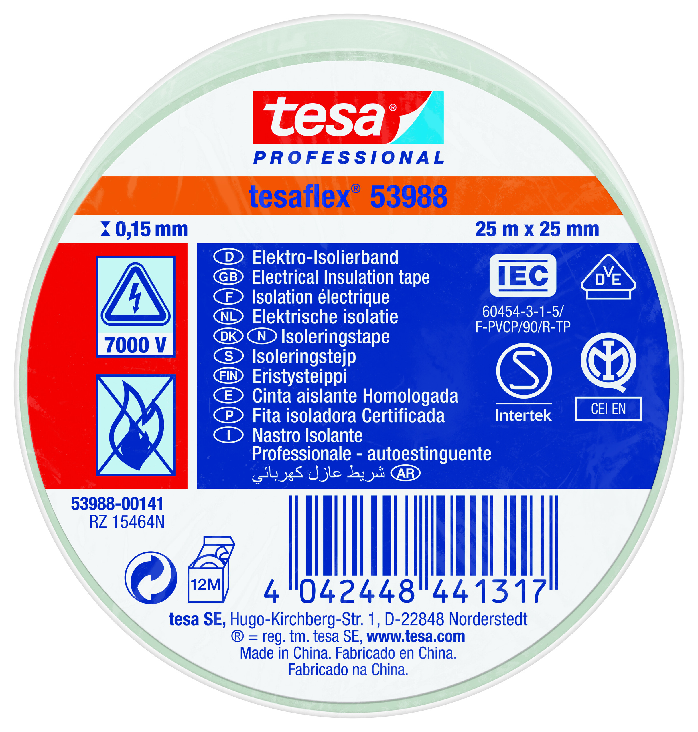 Tesa 53988 White Soft PVC Electrical Insulation Tape, 25mm x 25m