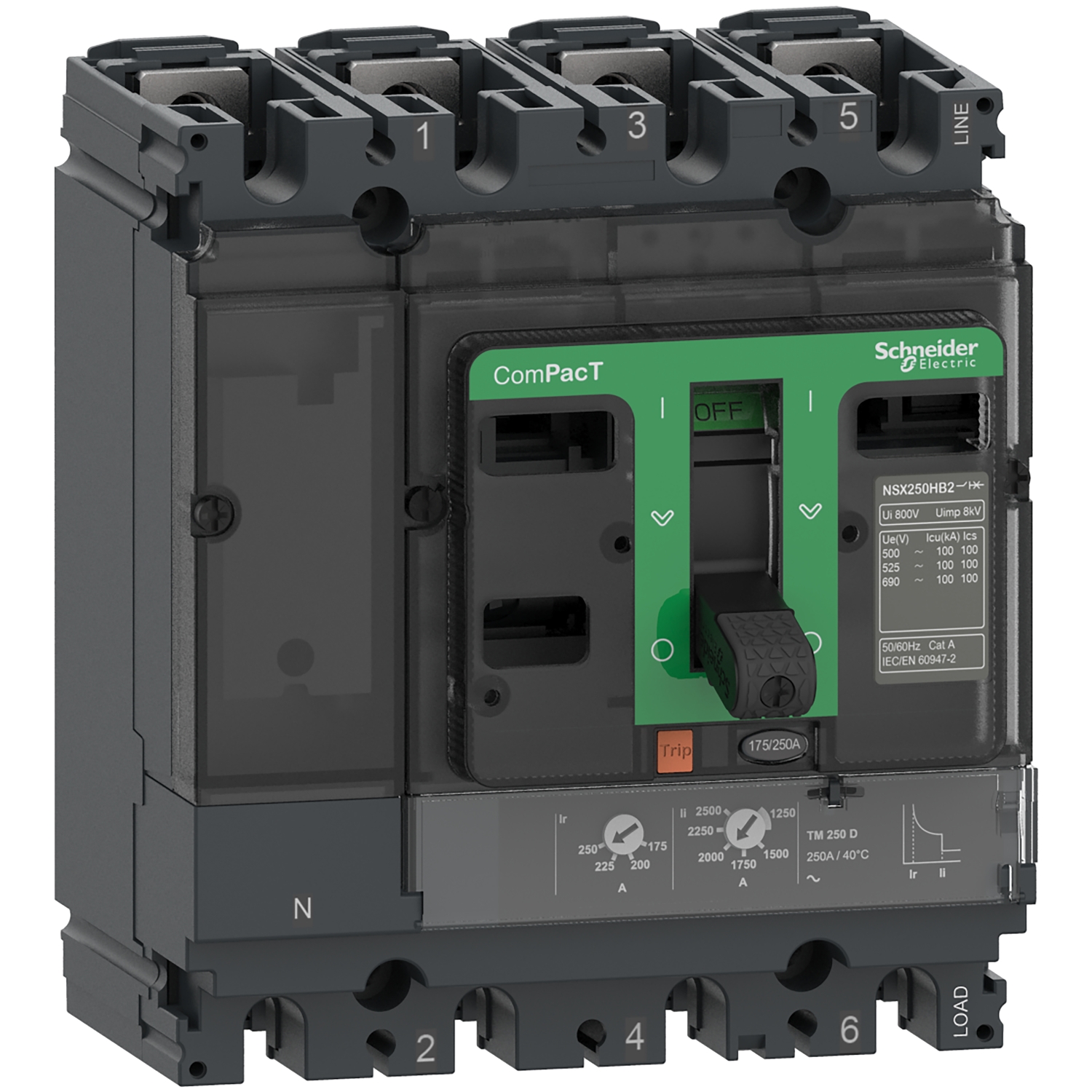 Schneider Electric, ComPacT NSX MCCB 4P 63A, Breaking Capacity 5 kA, Fixed Mount