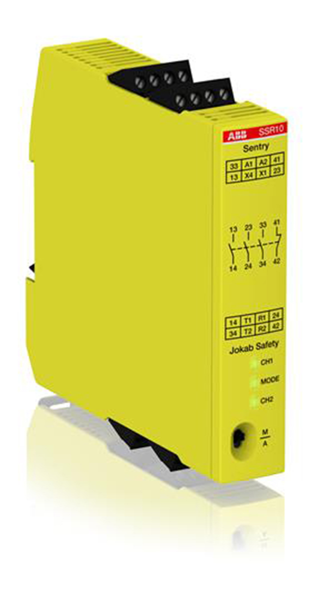 ABB Jokab Sentry SSR10 3 Auxiliary Contacts Safety Relay 24V dc, Dual-Channel 4 Safety Contacts