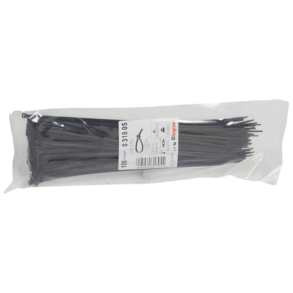 Legrand Cable Tie, Cable Ties, 280mm x 3.5 mm, Black Plastic, Pk-100units