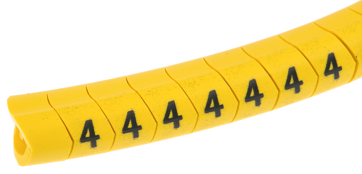 HellermannTyton Helagrip Slide On Cable Markers, Black on Yellow, Pre-printed "4", 4 → 9mm Cable, 901-10309