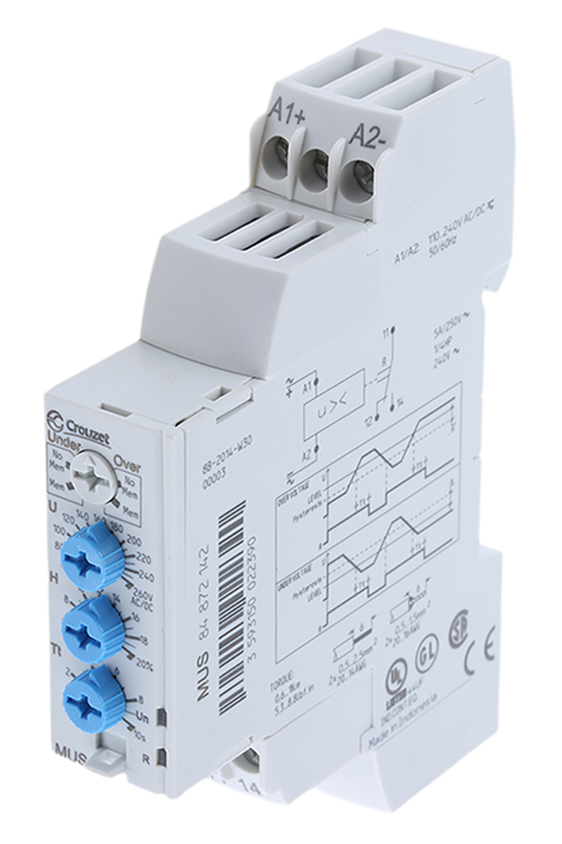 Crouzet Voltage Monitoring Relay, 1 Phase, SPDT, 65 → 260V ac/dc, DIN Rail