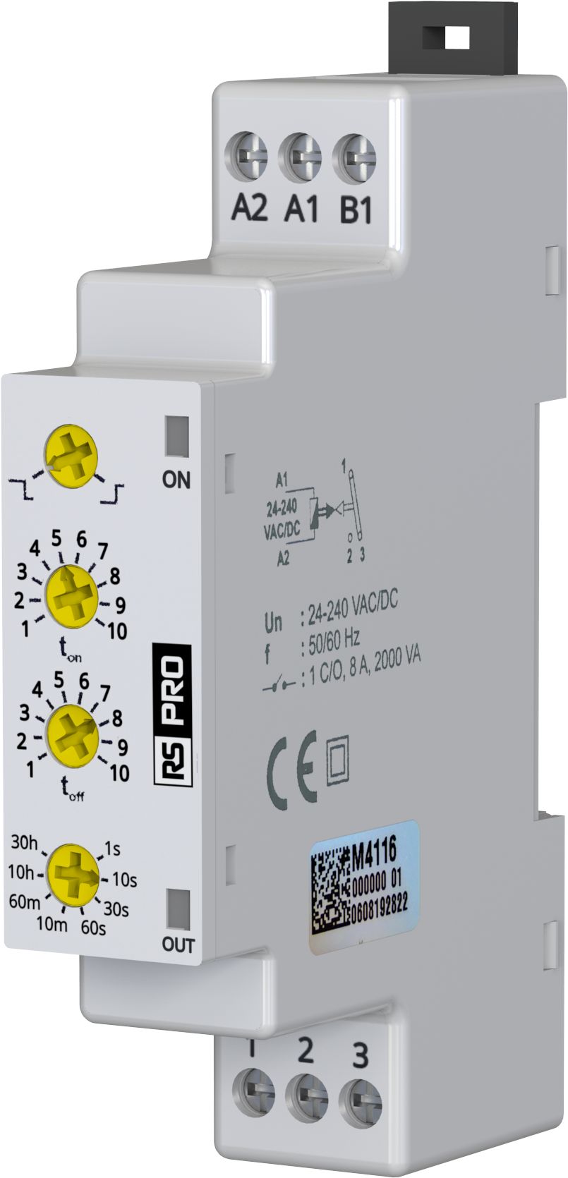 RS PRO DIN Rail Mount Timer Relay, 24 → 240V, 1-Contact, 0.1 s → 30h, 2-Function, CO