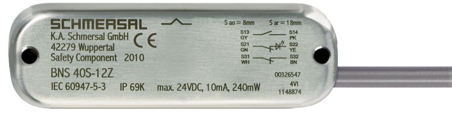 Schmersal BNS 40 Series Non-Flush Magnetic Non-Contact Safety Switch, Stainless Steel Housing, Cable