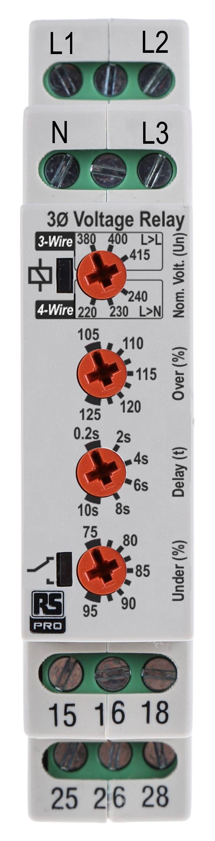 RS PRO Voltage Monitoring Relay, 3 Phase, DPDT, DIN Rail