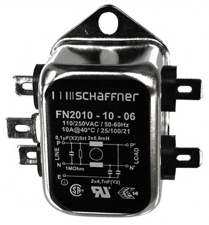 Schaffner, FN2010 10A 250 V ac/dc 0 → 400Hz, Chassis Mount EMI Filter, Fast-On, Single Phase