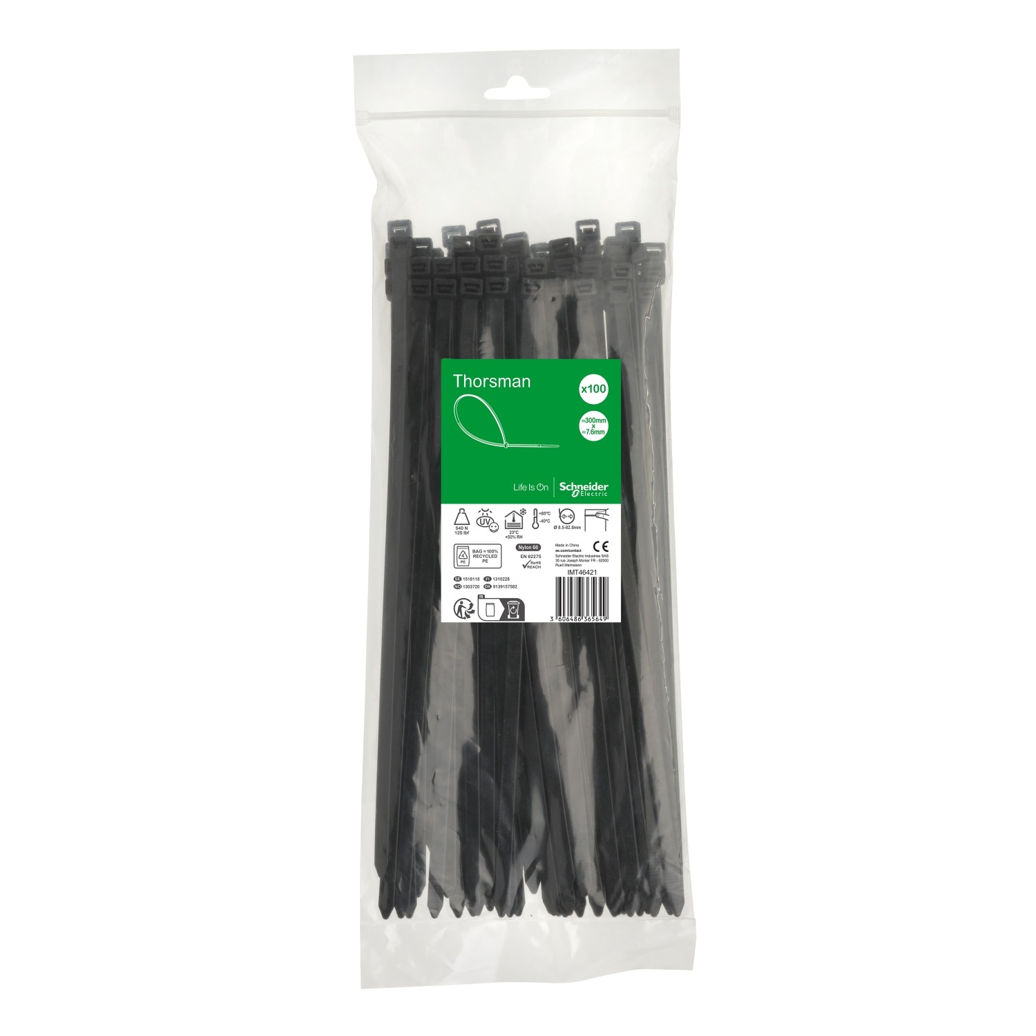 Schneider Electric Cable Tie, , 300mm x 7.6 mm, Black Nylon, Pk-1