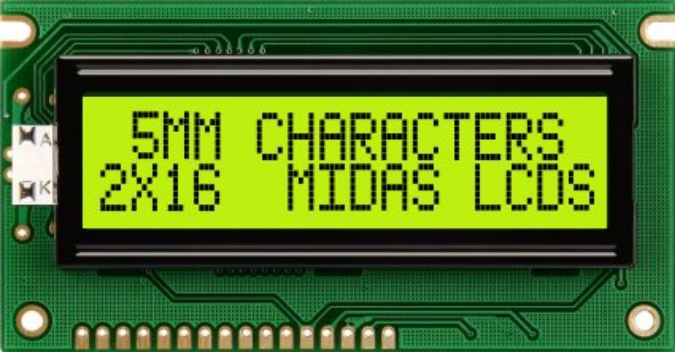 Midas MC21605A6WK-SPTLY-V2 Alphanumeric LCD Alphanumeric Display, 2 Rows by 16 Characters