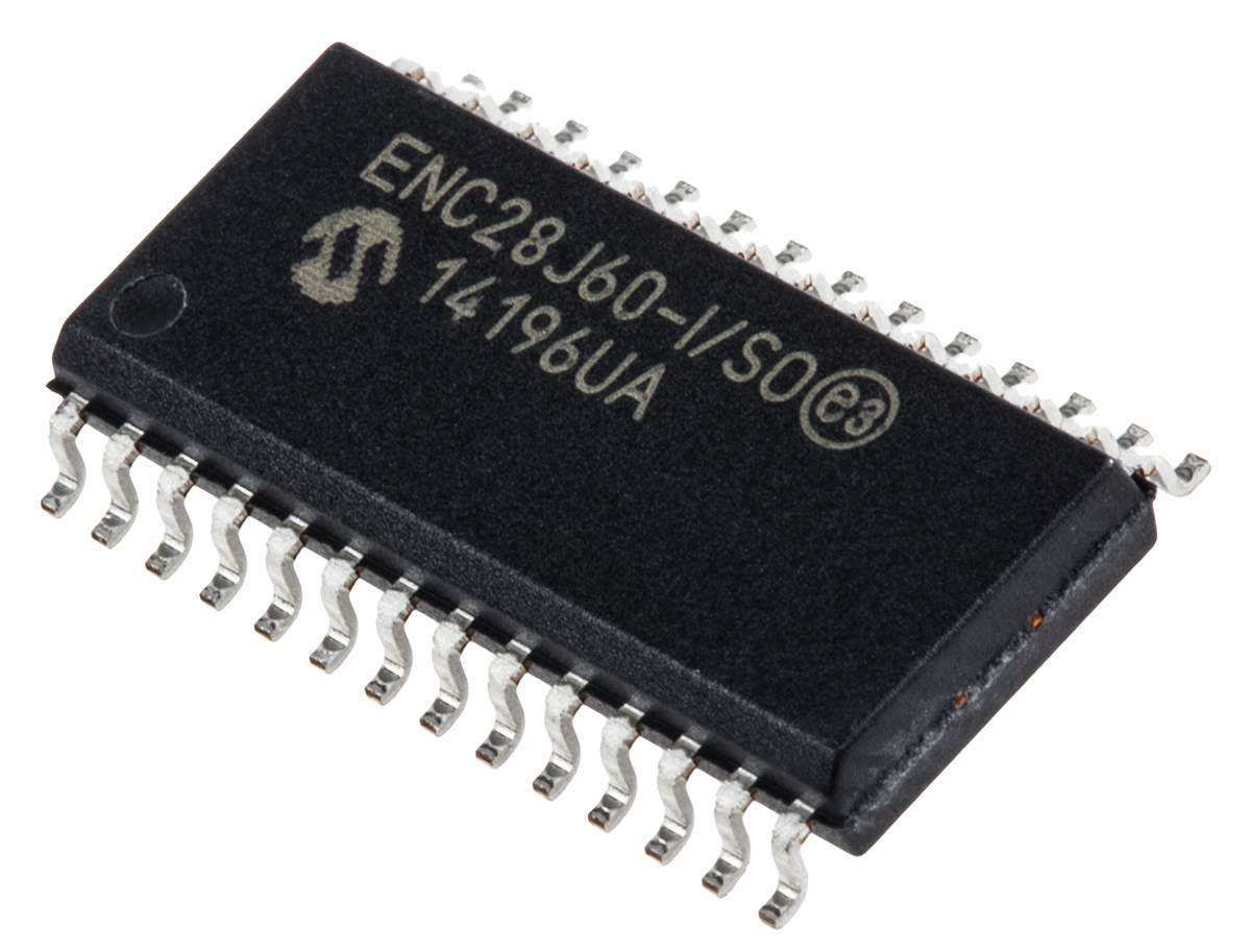 Microchip ENC28J60-I/SO, Ethernet Controller, 10Mbps SPI, Serial-SPI, 3.3 V, 28-Pin SOIC