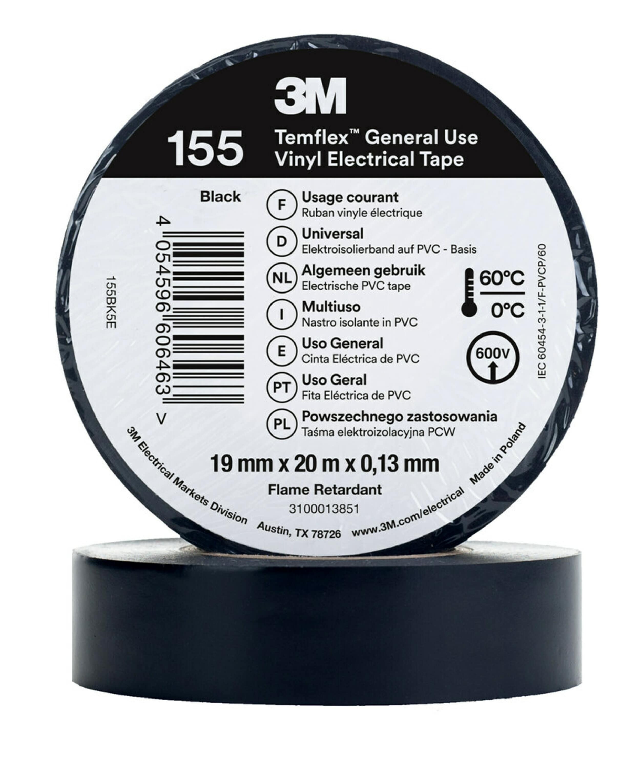 3M Temflex 155 Black Vinyl Electrical Tape, 19mm x 20m