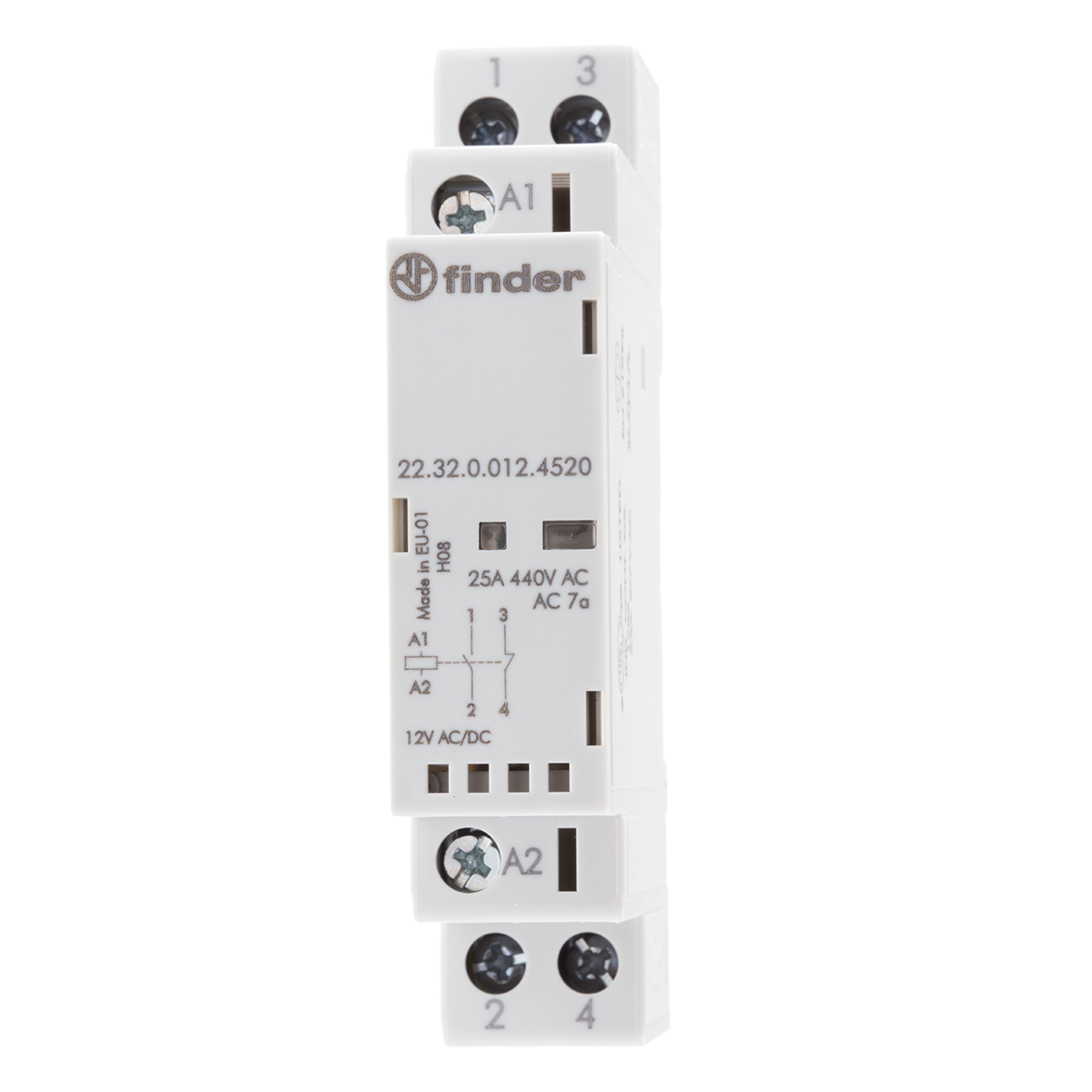 Finder 22 Contactor, 12 V dc Coil, 2-Pole, 25 A, 2.2 W 12 V, 1 NO/1 NC, 250 V dc, 440V ac