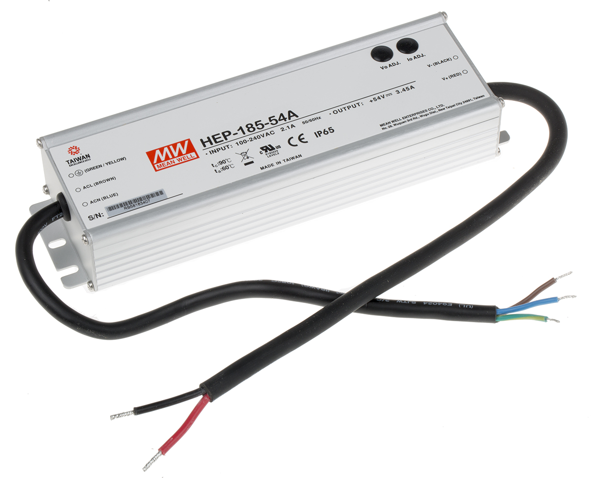MEAN WELL Switching Power Supply, HEP-185-54A, 54V dc, 3.45A, 186W, 1 Output, 127 → 431 V dc, 90 → 305 V