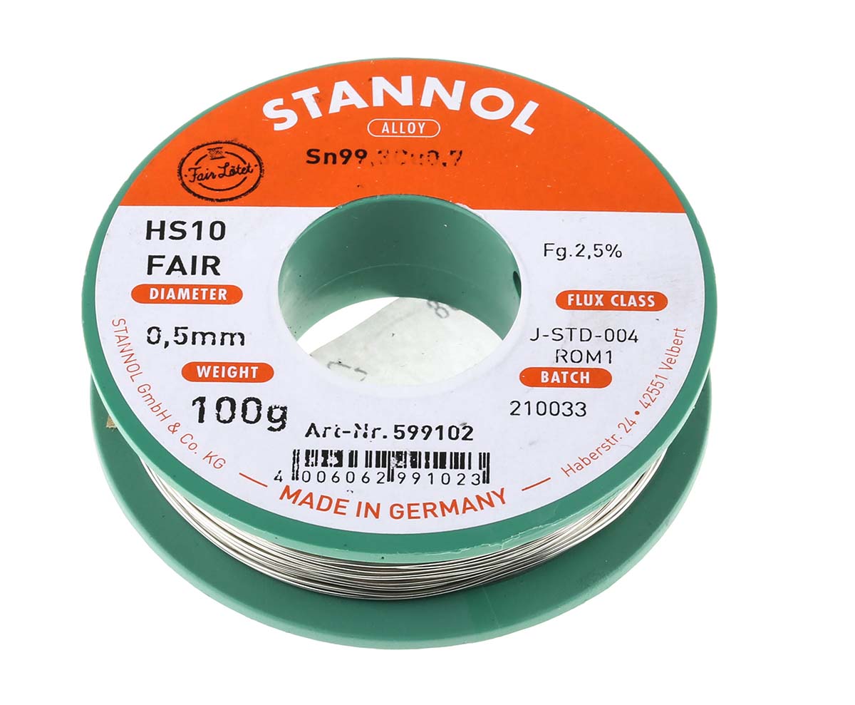 Stannol Wire, 0.5mm Lead Free Solder, 227°C Melting Point