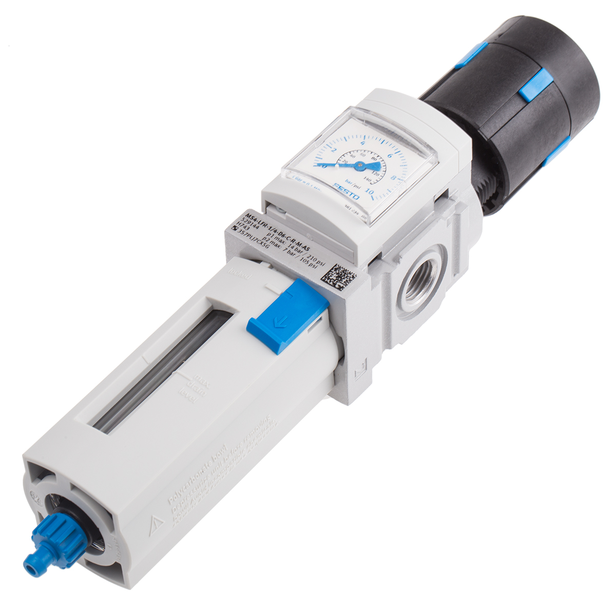 Festo MS4-LFR Polycarbonate Filter Regulator, 5μm, G 1/4, Manual, 14 bar, 529144