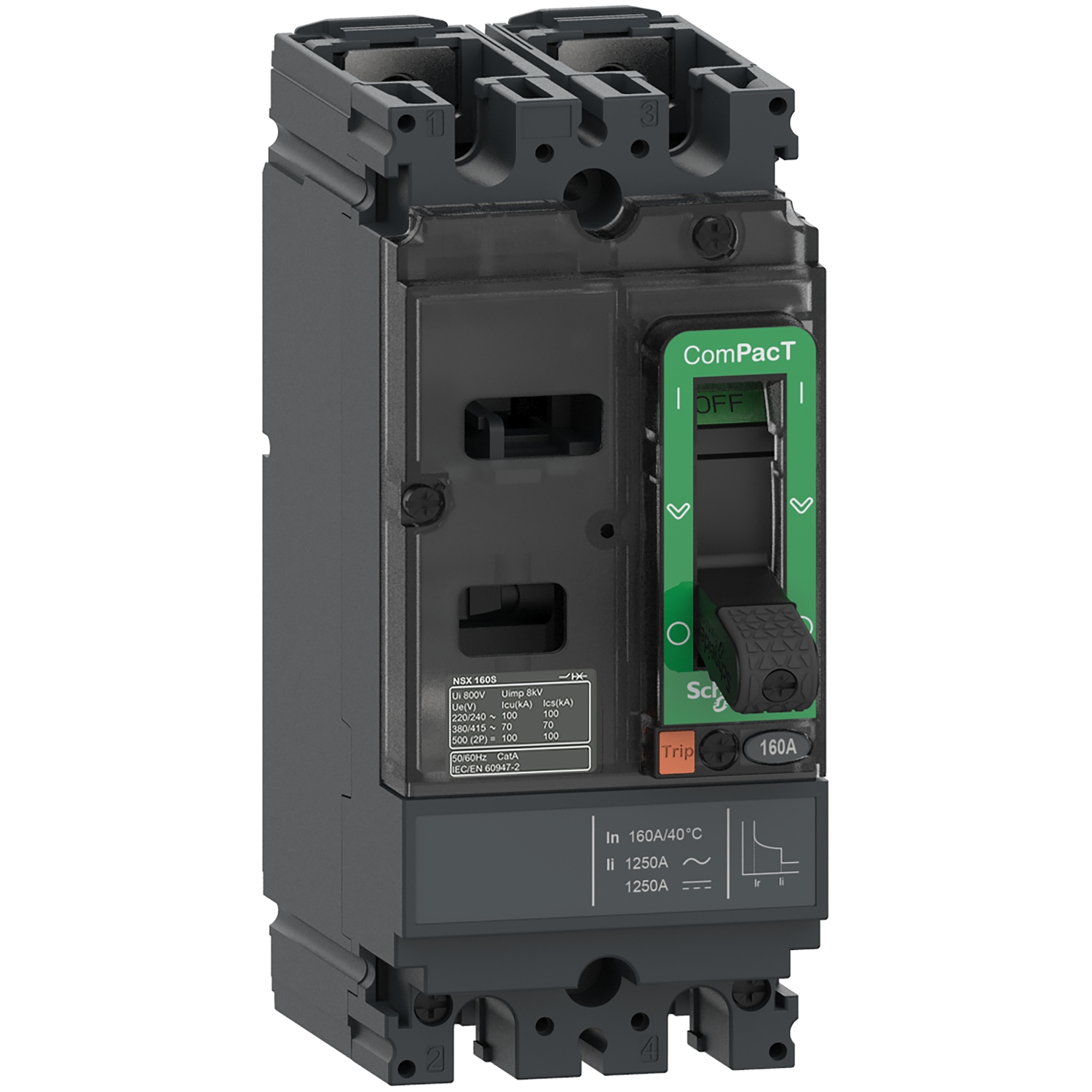 Schneider Electric, ComPacT MCCB 2P 50A, Breaking Capacity 25 kA, Fixed Mount