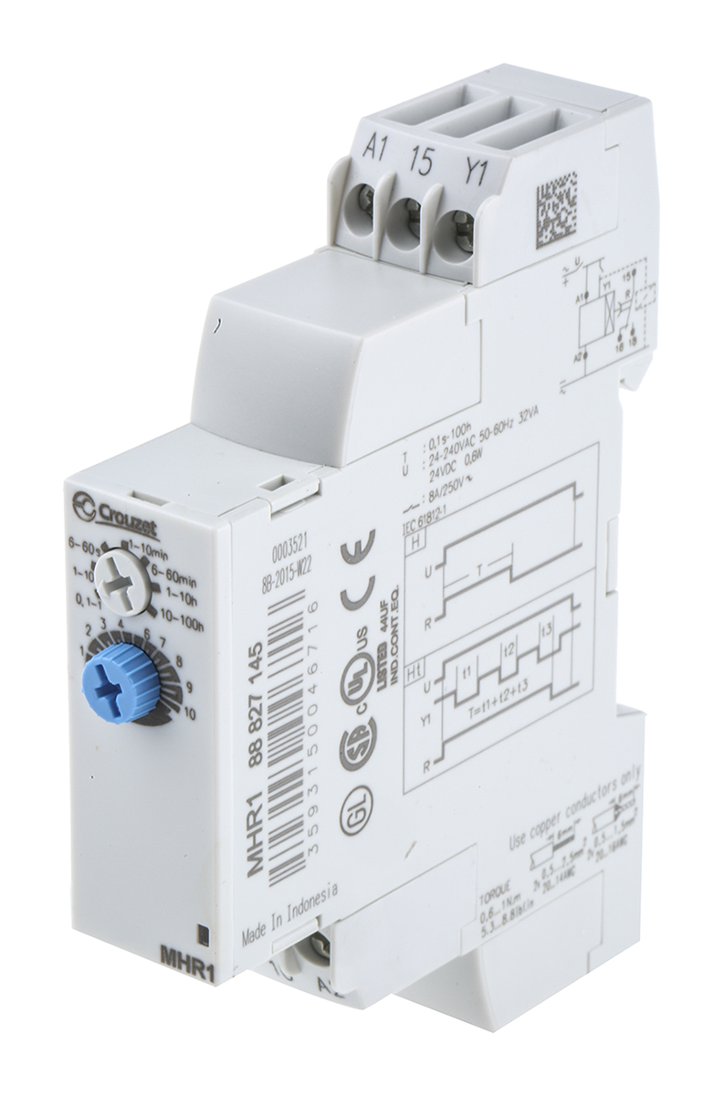 Crouzet DIN Rail Mount Timer Relay, 24 → 240 V ac, 24V dc, 1-Contact, 0.1 s → 100h, 1-Function, SPDT