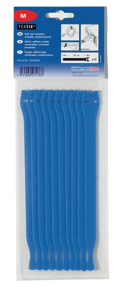 HellermannTyton Cable Tie, Hook and Loop, 200mm x 12.5 mm, Blue PA (Loop), PE (Hook), Pk-10
