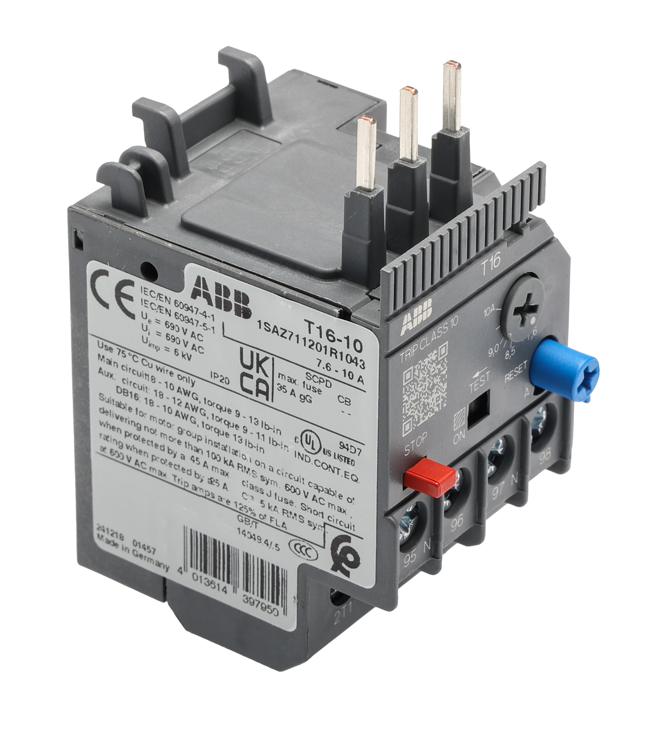 ABB T16-10 Thermal Overload Relay 1NC/1NO, 7.6 → 10 A F.L.C, 10 A Contact Rating, 2 W, 600 V dc, 3P, Thermal