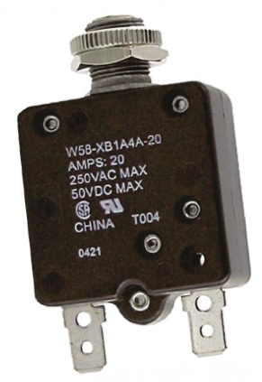 TE Connectivity Thermal Circuit Breaker - W58  Single Pole 50 V dc, 250V ac Voltage Rating, 20A Current Rating