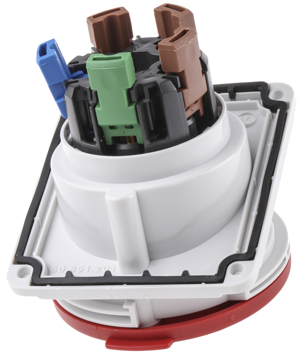 Schneider Electric, PratiKa IP44 Red Panel Mount 3P + N + E Right Angle Industrial Power Socket, Rated At 32A, 415 V